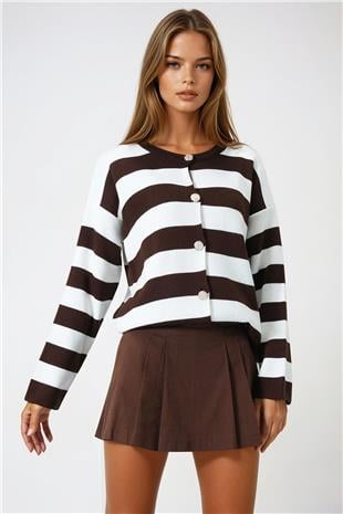 Kadın Kahverengi Ekru Kalın Çizgili Düğmeli Triko Hırka VS00977