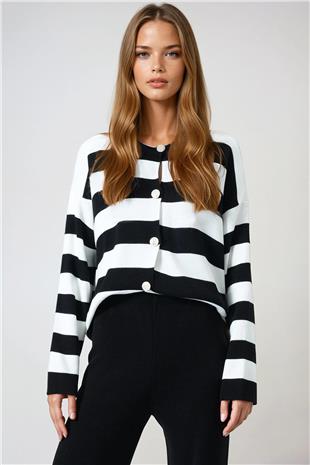 Kadın Siyah Ekru Kalın Çizgili Düğmeli Triko Hırka VS00977