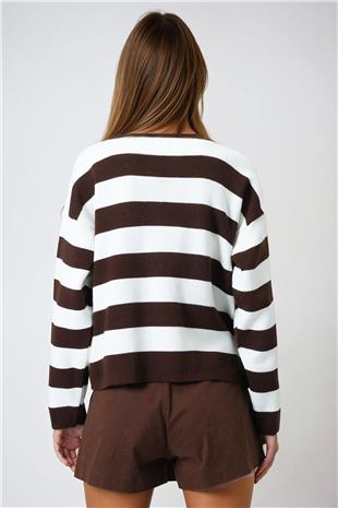 Kadın Kahverengi Ekru Kalın Çizgili Düğmeli Triko Hırka VS00977