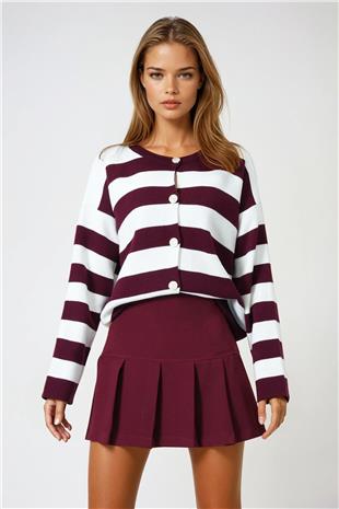 Kadın Bordo Ekru Kalın Çizgili Düğmeli Triko Hırka VS00977