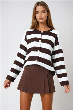 Kadın Kahverengi Ekru Kalın Çizgili Düğmeli Triko Hırka VS00977
