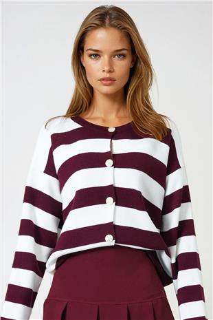 Kadın Bordo Ekru Kalın Çizgili Düğmeli Triko Hırka VS00977