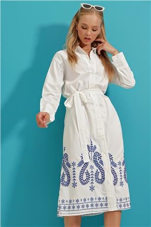 Kadın Beyaz Eteği Nakış İşlemeli Poplin Gömlek Elbise ALC-X9216