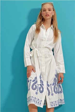 Kadın Beyaz Eteği Nakış İşlemeli Poplin Gömlek Elbise ALC-X9216
