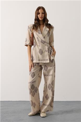 Kadın Ekru Etnik Desen Oversize Takım VS00641