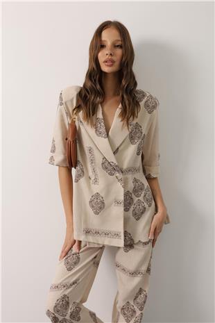Kadın Ekru Etnik Desen Oversize Takım VS00641