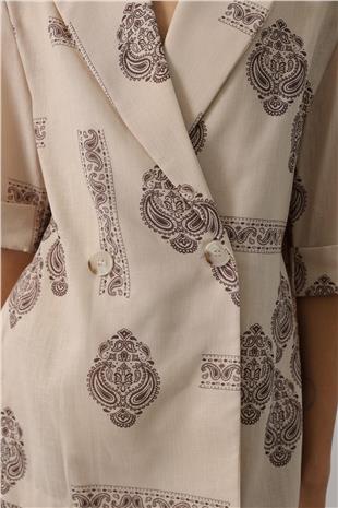 Kadın Ekru Etnik Desen Oversize Takım VS00641