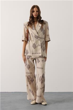 Etnik Desen Oversize Takım - EKRU