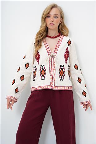 Kadın Bej Etnik Desenli Önden Bağlamalı Yazlık Keten Ceket ALC-X14097