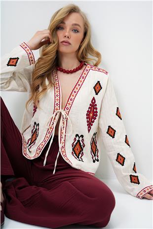 Kadın Bej Etnik Desenli Önden Bağlamalı Yazlık Keten Ceket ALC-X14097