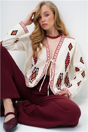 Kadın Bej Etnik Desenli Önden Bağlamalı Yazlık Keten Ceket ALC-X14097