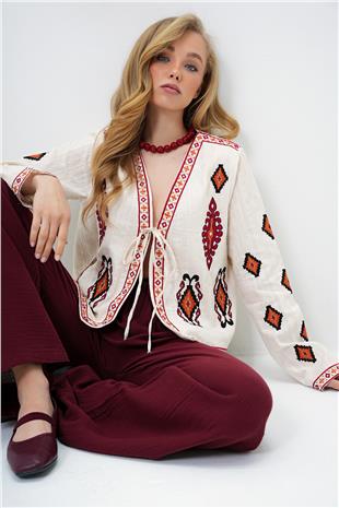 Kadın Bej Etnik Desenli Önden Bağlamalı Yazlık Keten Ceket ALC-X14097