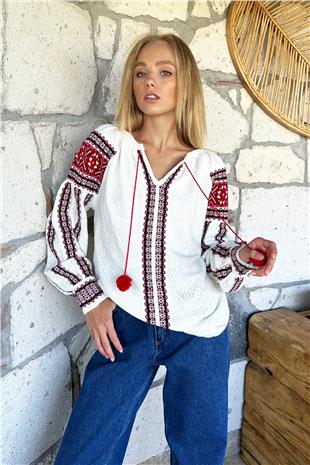 Kadın Kırmızı Etnik Desenli Ponponlu Triko Kazak ALC-X11001