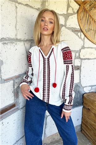 Kadın Kırmızı Etnik Desenli Ponponlu Triko Kazak ALC-X11001
