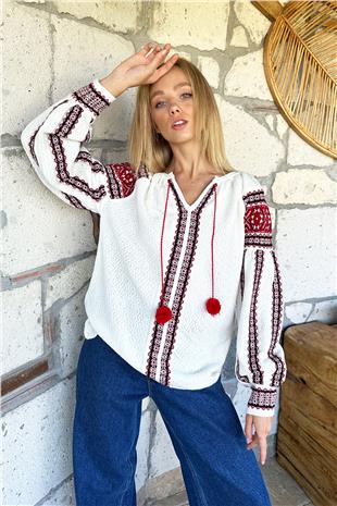 Kadın Kırmızı Etnik Desenli Ponponlu Triko Kazak ALC-X11001