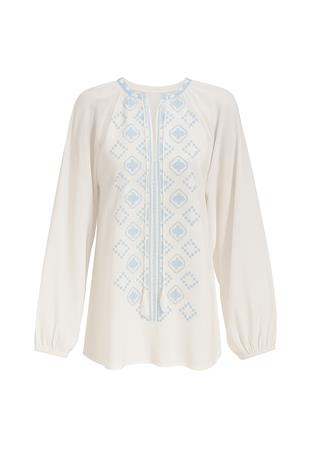 Kadın Beyaz Etnik Nakışlı Viskon Dokuma Bluz ALC-X10312