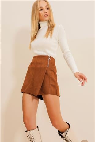 Kadın Taba Fermuar Detaylı Süet Şort Etek ALC-X10844