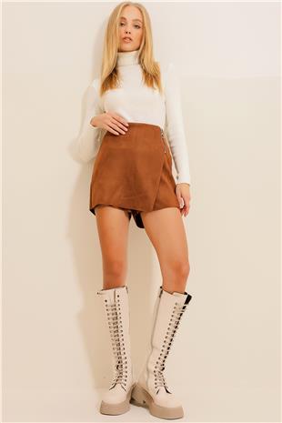 Kadın Taba Fermuar Detaylı Süet Şort Etek ALC-X10844