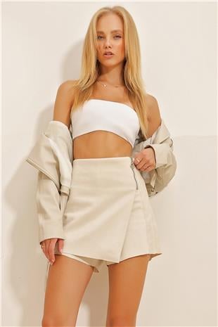 Kadın Taş Fermuar Detaylı Süet Şort Etek ALC-X10844