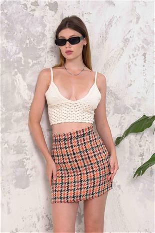 Kadın Turuncu Fermuar Kapamlı Kazayağı Desenli Mini Etek VS00897