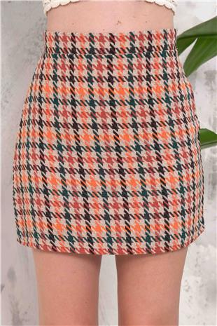 Kadın Turuncu Fermuar Kapamlı Kazayağı Desenli Mini Etek VS00897