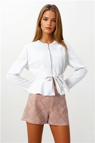 Kadın Taş Fermuarlı Bisiklet Yaka Süet Görünümlü Kısa Ceket VS00854