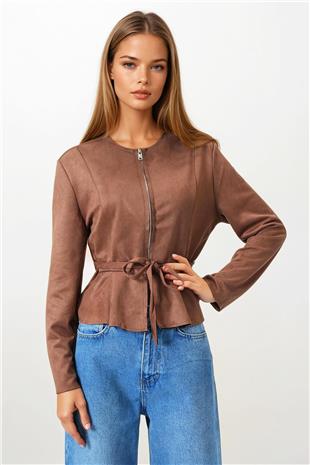 Kadın Taba Fermuarlı Bisiklet Yaka Süet Görünümlü Kısa Ceket VS00854