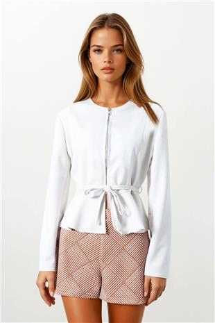 Kadın Taş Fermuarlı Bisiklet Yaka Süet Görünümlü Kısa Ceket VS00854