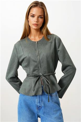 Kadın Haki Fermuarlı Bisiklet Yaka Süet Görünümlü Kısa Ceket VS00854