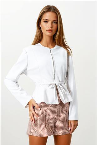 Kadın Taş Fermuarlı Bisiklet Yaka Süet Görünümlü Kısa Ceket VS00854