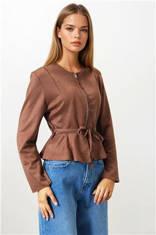 Kadın Taba Fermuarlı Bisiklet Yaka Süet Görünümlü Kısa Ceket VS00854