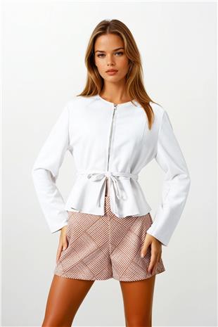 Kadın Taş Fermuarlı Bisiklet Yaka Süet Görünümlü Kısa Ceket VS00854