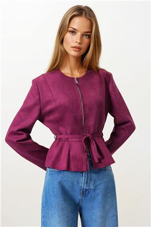 Kadın Bordo Fermuarlı Bisiklet Yaka Süet Görünümlü Kısa Ceket VS00854