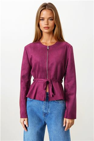 Kadın Bordo Fermuarlı Bisiklet Yaka Süet Görünümlü Kısa Ceket VS00854