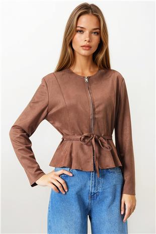 Kadın Taba Fermuarlı Bisiklet Yaka Süet Görünümlü Kısa Ceket VS00854