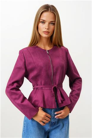 Kadın Bordo Fermuarlı Bisiklet Yaka Süet Görünümlü Kısa Ceket VS00854
