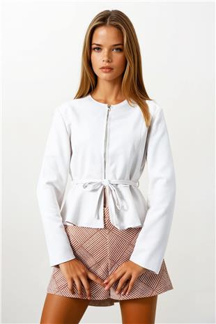 Kadın Taş Fermuarlı Bisiklet Yaka Süet Görünümlü Kısa Ceket VS00854