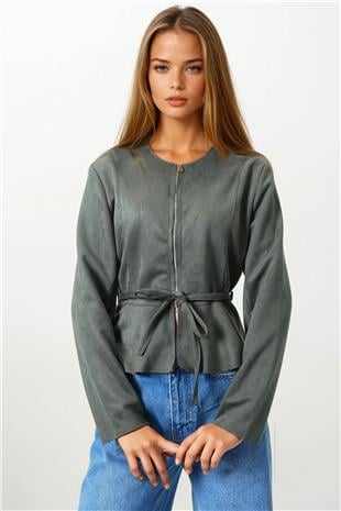 Kadın Haki Fermuarlı Bisiklet Yaka Süet Görünümlü Kısa Ceket VS00854
