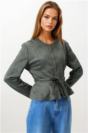Kadın Haki Fermuarlı Bisiklet Yaka Süet Görünümlü Kısa Ceket VS00854