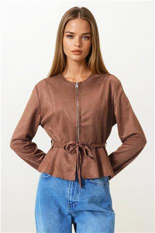 Kadın Taba Fermuarlı Bisiklet Yaka Süet Görünümlü Kısa Ceket VS00854