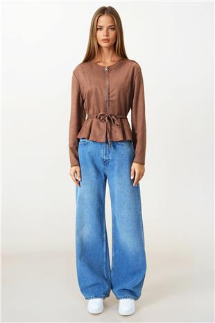 Kadın Taba Fermuarlı Bisiklet Yaka Süet Görünümlü Kısa Ceket VS00854