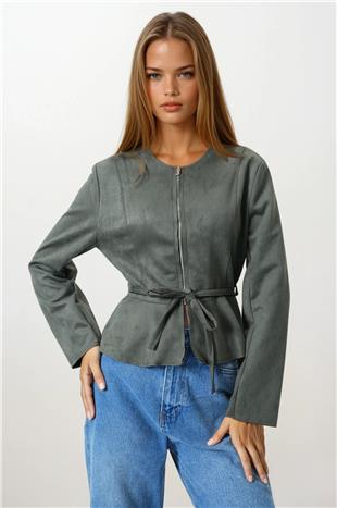 Kadın Haki Fermuarlı Bisiklet Yaka Süet Görünümlü Kısa Ceket VS00854