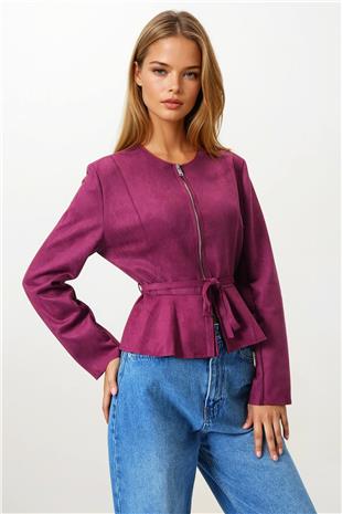 Kadın Bordo Fermuarlı Bisiklet Yaka Süet Görünümlü Kısa Ceket VS00854