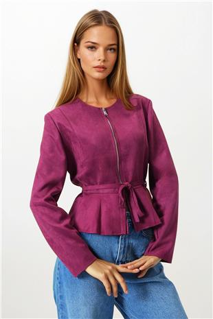 Kadın Bordo Fermuarlı Bisiklet Yaka Süet Görünümlü Kısa Ceket VS00854