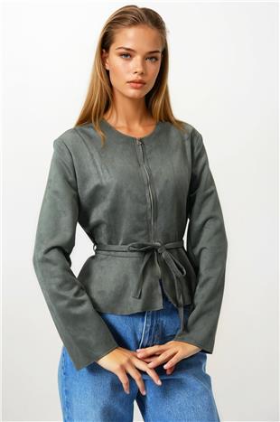 Kadın Haki Fermuarlı Bisiklet Yaka Süet Görünümlü Kısa Ceket VS00854