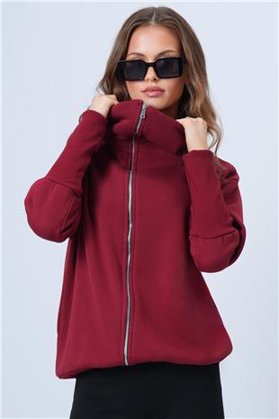 Kadın Bordo Fermuarlı Geniş Yakalı Uzun Kollu Sweatshirt VS01331