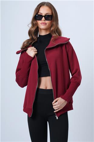 Kadın Bordo Fermuarlı Geniş Yakalı Uzun Kollu Sweatshirt VS01331