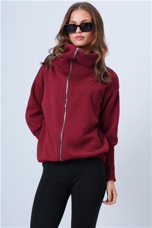 Kadın Bordo Fermuarlı Geniş Yakalı Uzun Kollu Sweatshirt VS01331