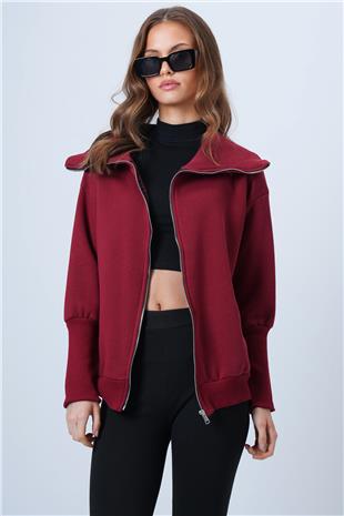 Kadın Bordo Fermuarlı Geniş Yakalı Uzun Kollu Sweatshirt VS01331