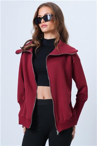 Kadın Bordo Fermuarlı Geniş Yakalı Uzun Kollu Sweatshirt VS01331